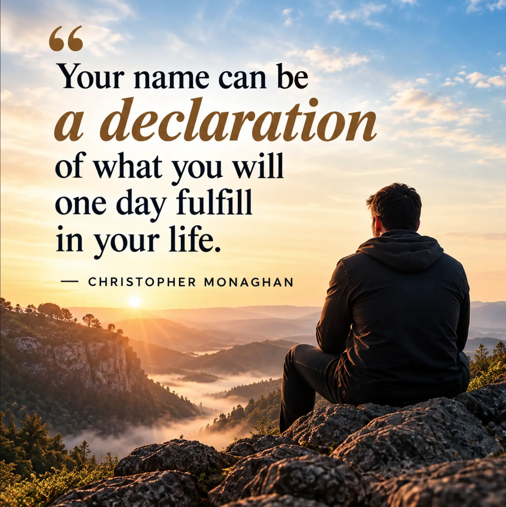 Sunrise quote graphic from Christopher Monaghan: Your name can be a declaration of what you will one day fulfill in your life