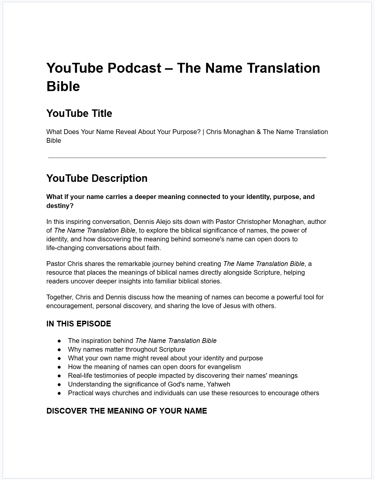 Excerpt from the episode publishing document showing the YouTube title, description, and episode topics